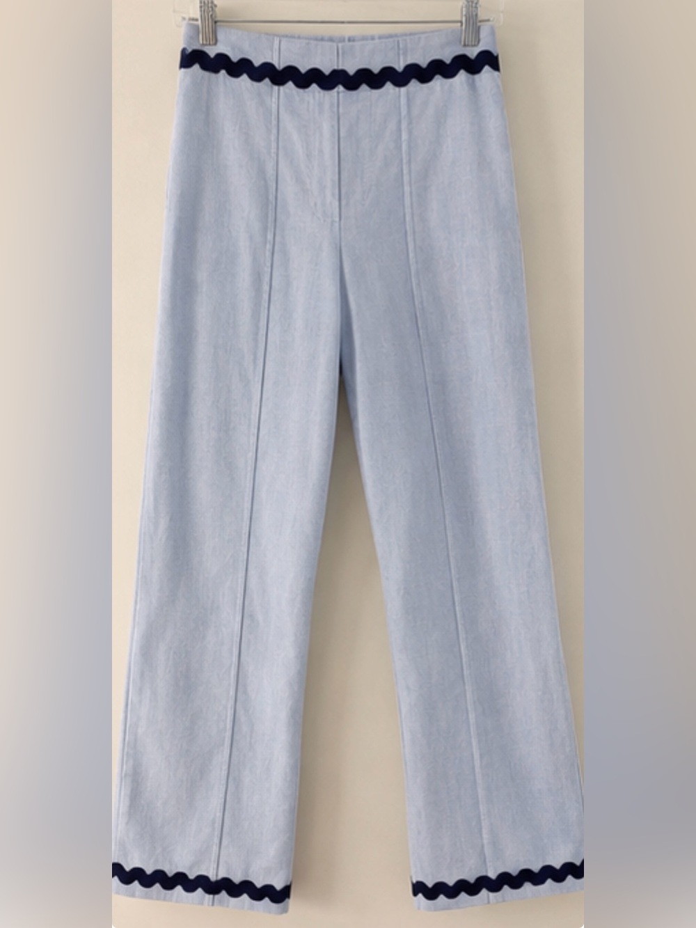 bella bliss Light Blue Corduroy Pants with Navy Ric Rac Waist Trim